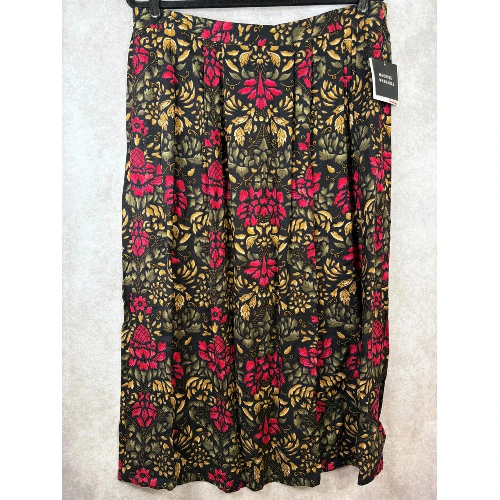 NWT VTG Sag Harbor Skirt Womens 1X Black Pink Gold Floral Damask Maxi‎ Challis